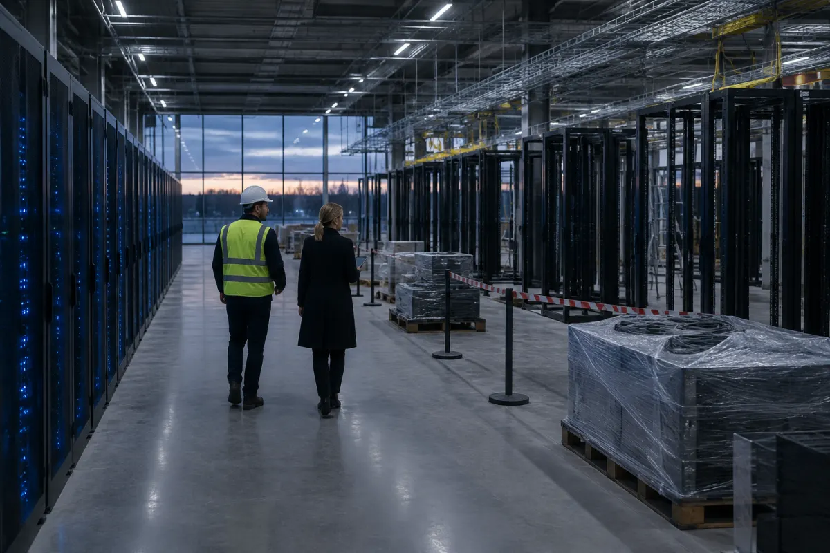 Inżynier w kamizelce odblaskowej i kobieta w płaszczu idą wieczorem przez halę centrum danych, gdzie obok działających szaf serwerowych stoją puste stelaże i zafoliowany sprzęt