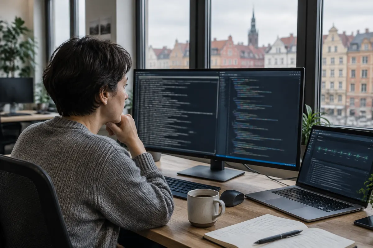 Programistka w szarym swetrze siedzi przy biurku i patrzy na monitor z oknem terminala i edytorem kodu, obok stoi laptop z widokiem potoku automatyzacji, a za oknem widać kamienice Wrocławia