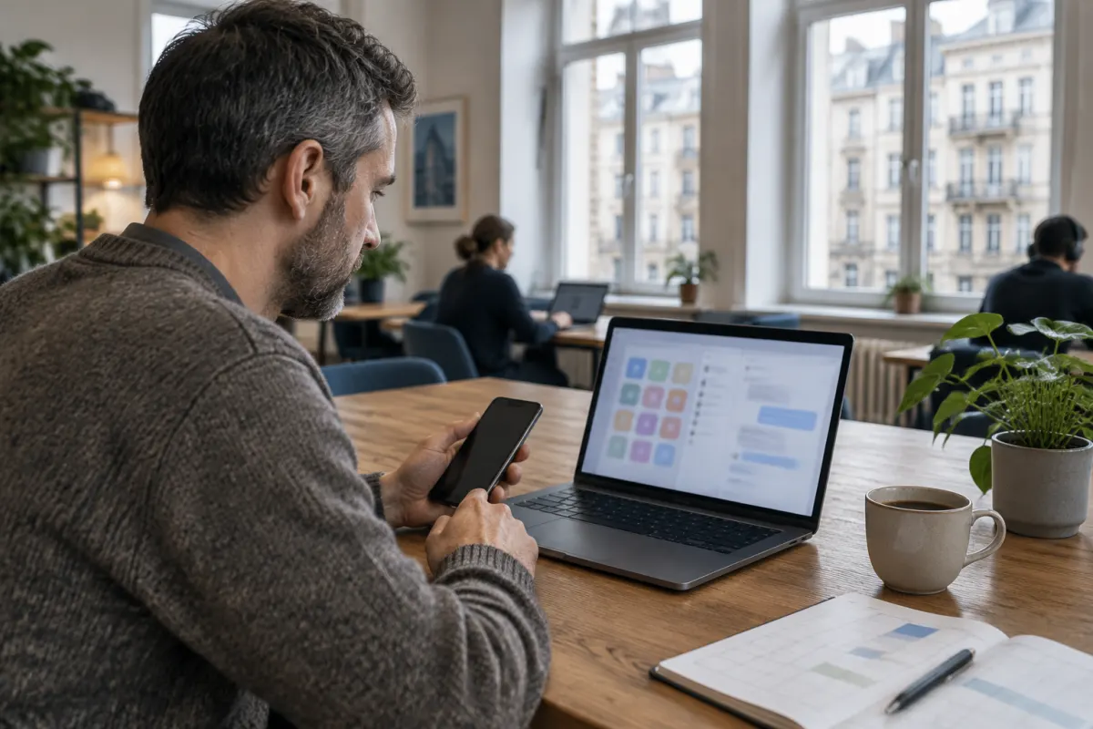 Mężczyzna w swetrze trzyma smartfon przy laptopie z kolorowymi kafelkami aplikacji w jasnym coworkingu z widokiem na warszawskie kamienice