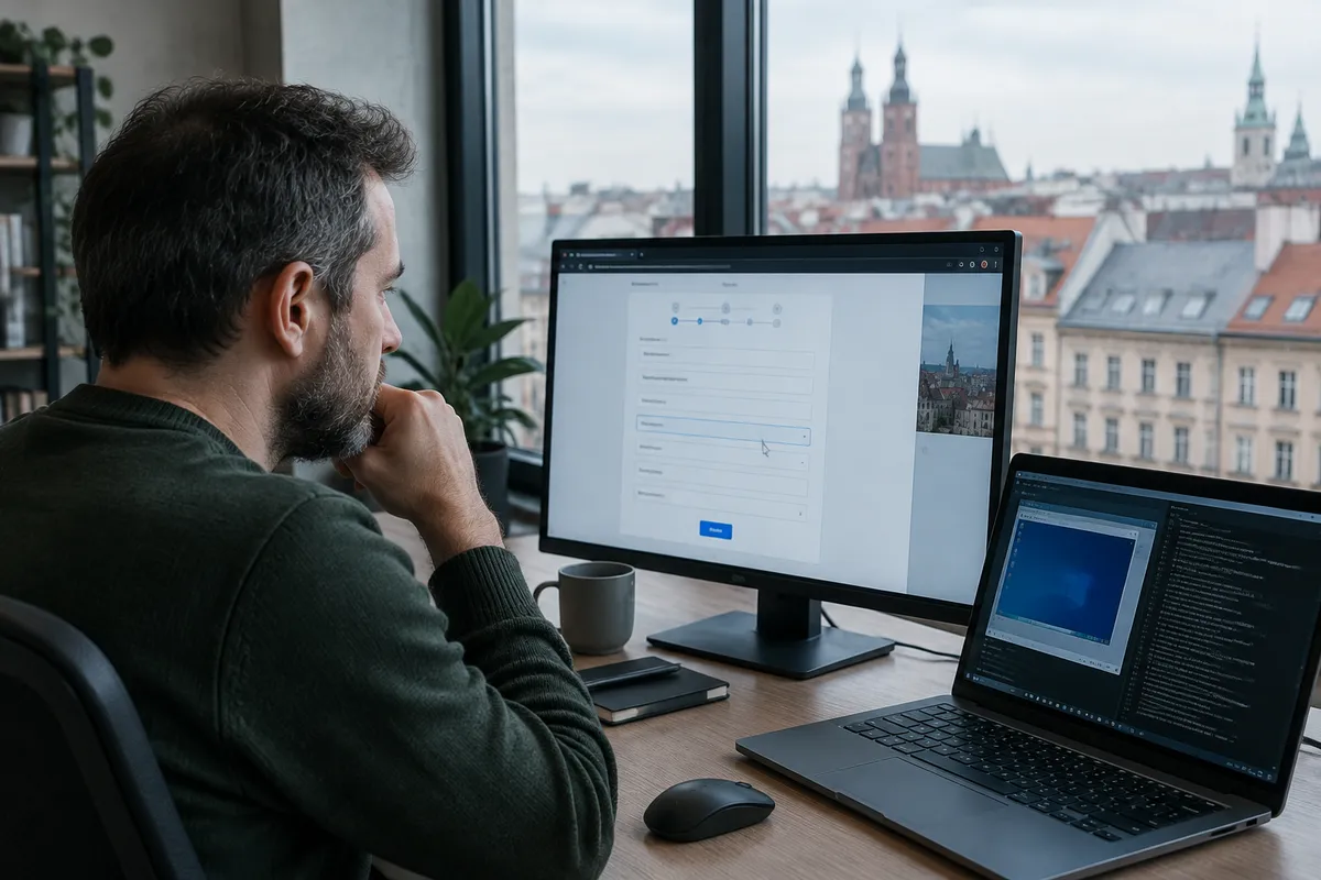 Programista w zielonym swetrze obserwuje na monitorze formularz w przeglądarce wypełniany przez agenta AI, obok laptop z oknem maszyny wirtualnej i logami, a za oknem dachy krakowskiego Starego Miasta