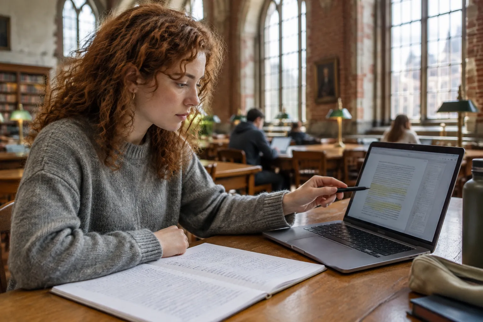 Studentka z rudymi kręconymi włosami siedzi w czytelni uczelnianej biblioteki z ceglanymi ścianami i wysokimi oknami, wskazuje długopisem zaznaczone akapity dokumentu na ekranie laptopa, a obok leżą jej odręczne notatki