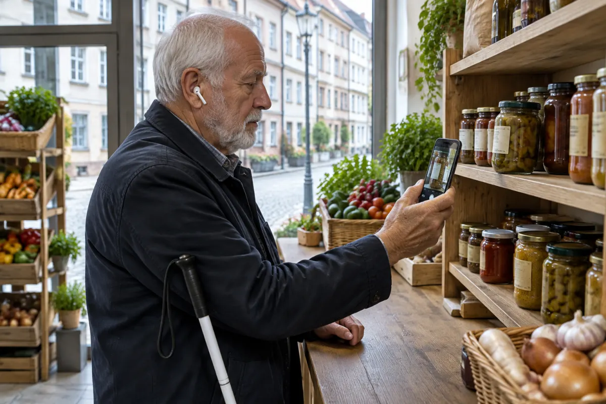Starszy mężczyzna z białą laską i słuchawką w uchu kieruje aparat smartfona na słoik na półce w małym sklepie spożywczym w kamienicy