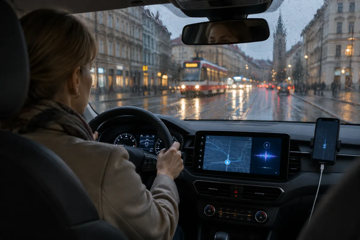 Kobieta prowadzi samochód w deszczowy wieczór w europejskim mieście, na ekranie deski rozdzielczej widać mapę nawigacji i falę asystenta głosowego, za szybą tramwaj i stare kamienice