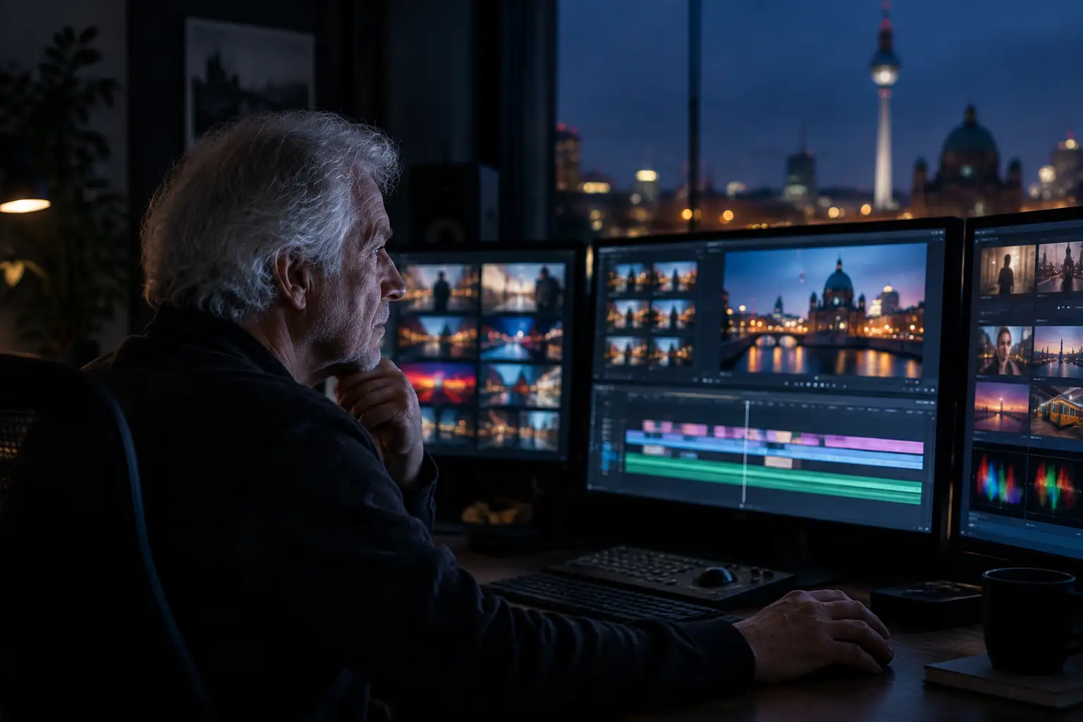 Starszy montażysta pracuje przy kilku monitorach z materiałem wideo w przyciemnionej berlińskiej montażowni