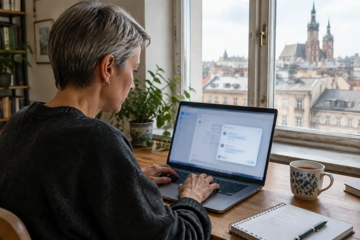 Kobieta z krótkimi siwymi włosami pracuje na laptopie przy oknie z widokiem na dachy krakowskiego Starego Miasta, obok kubek herbaty i notes