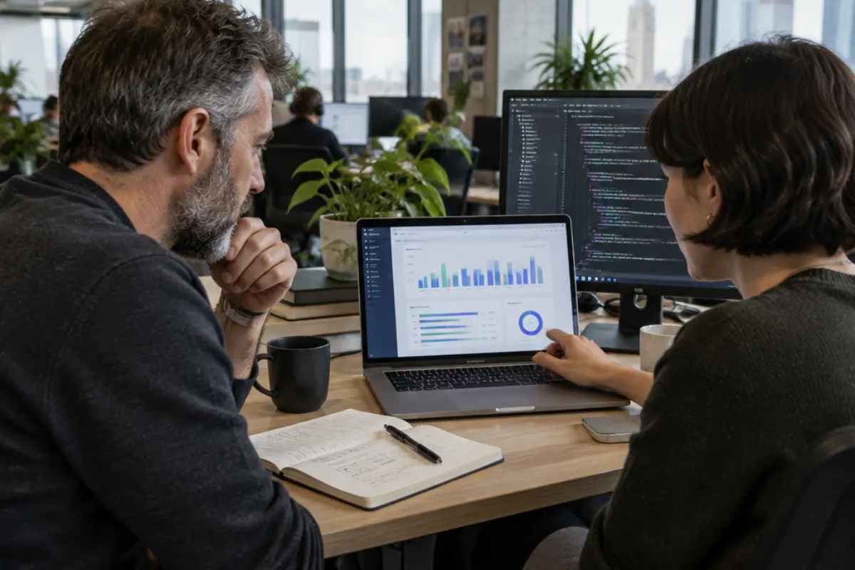 Siwiejący kierownik zespołu programistów i młoda programistka w biurze z widokiem na wieżowce oglądają na laptopie wykresy zużycia budżetu, obok monitor z kodem