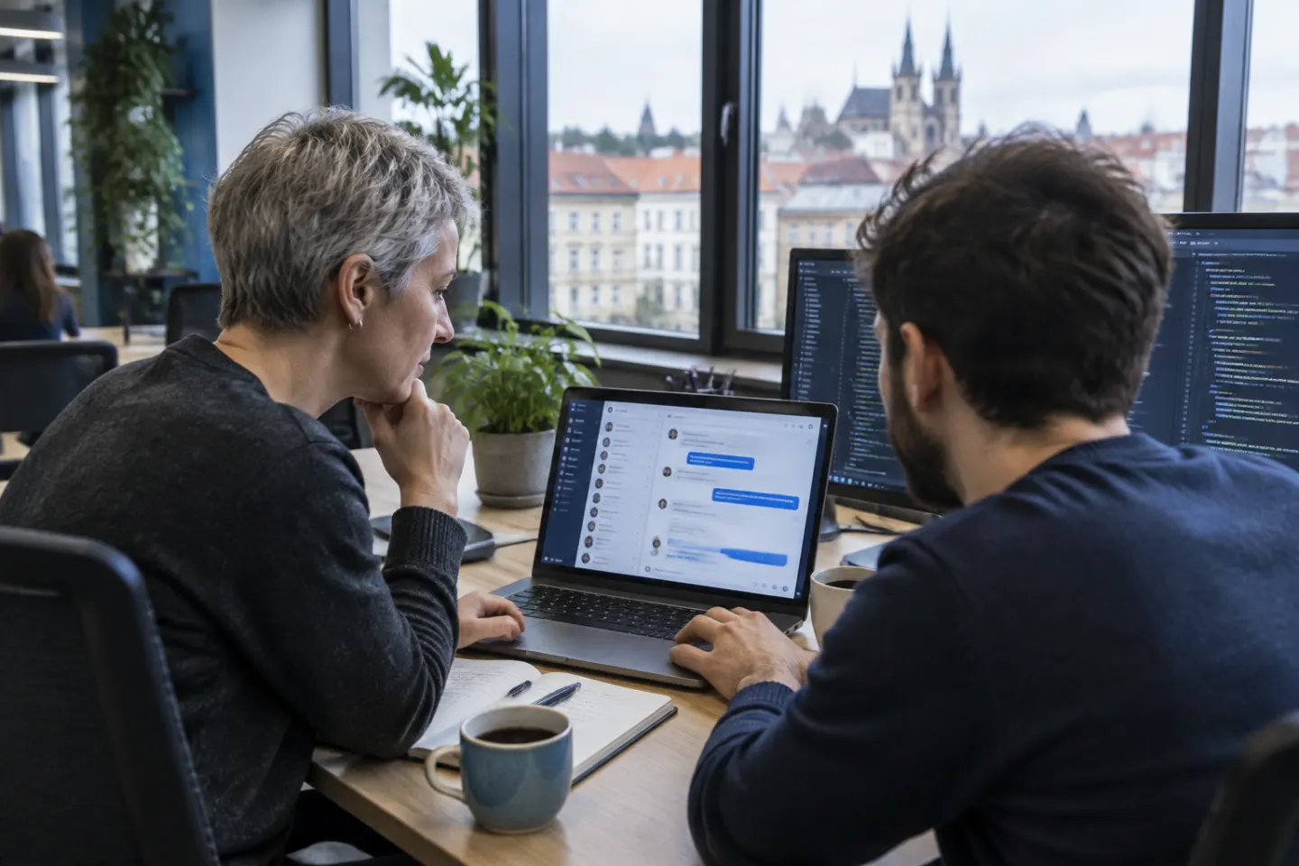 Programistka i programista przy wspólnym biurku oglądają okno czatu zespołowego na laptopie, obok monitor z kodem, za oknem staromiejskie kamienice