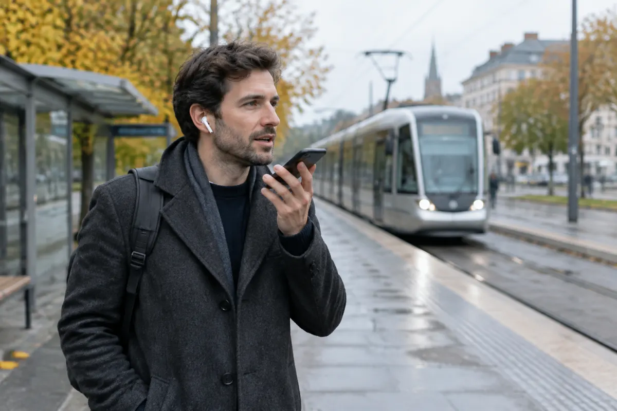 Mężczyzna w płaszczu mówi do smartfona na przystanku tramwajowym w europejskim mieście jesienią, w tle nadjeżdża tramwaj