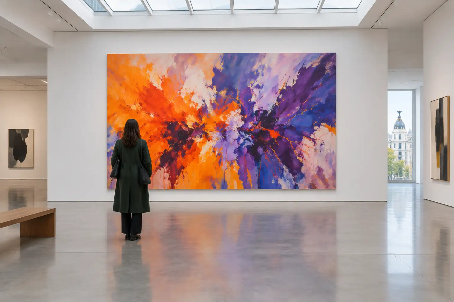 Zwiedzająca ogląda wielki, kolorowy obraz abstrakcyjny w jasnej galerii sztuki w Madrycie