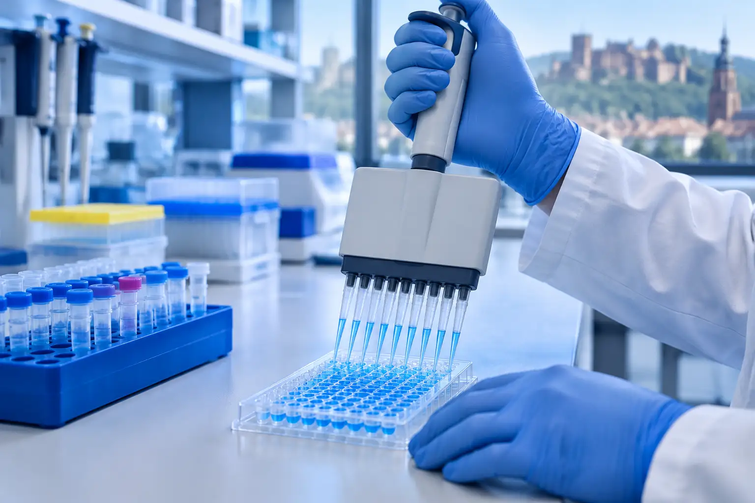 Dłonie w rękawiczkach z pipetą wielokanałową nad płytką z próbkami w laboratorium w Heidelbergu
