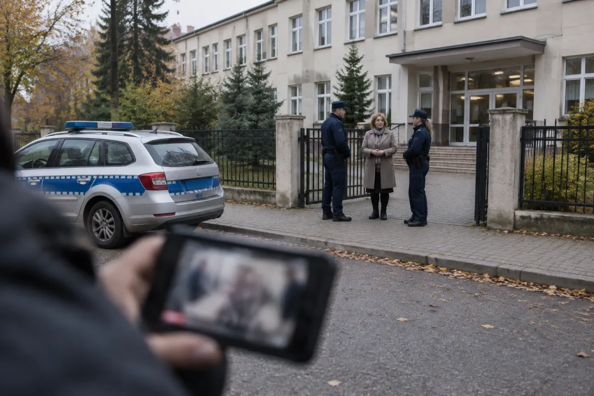 Dwoje policjantów rozmawia z nauczycielką przed bramą szkoły w małym polskim mieście, obok radiowóz, na pierwszym planie rozmyty ekran smartfona w dłoni