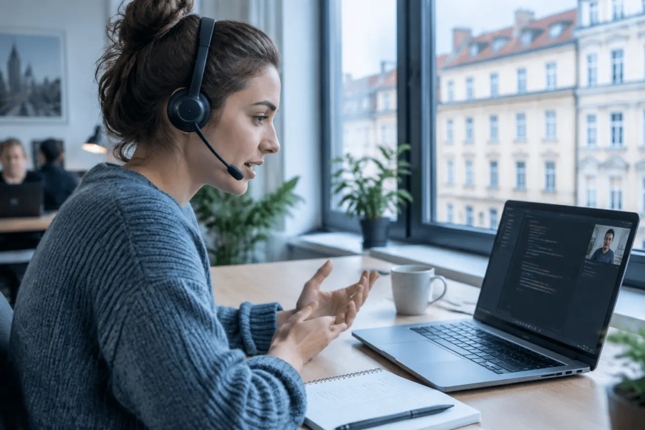 Programistka w słuchawkach z mikrofonem rozmawia przy laptopie z otwartym edytorem kodu w jasnym biurze coworkingowym z widokiem na kamienice