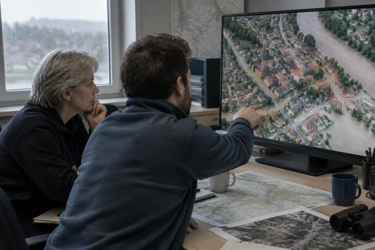 Dwoje analityków w centrum zarządzania kryzysowego porównuje na monitorze zdjęcie satelitarne zalanego miasteczka z zaznaczonymi budynkami, na biurku leżą papierowe mapy
