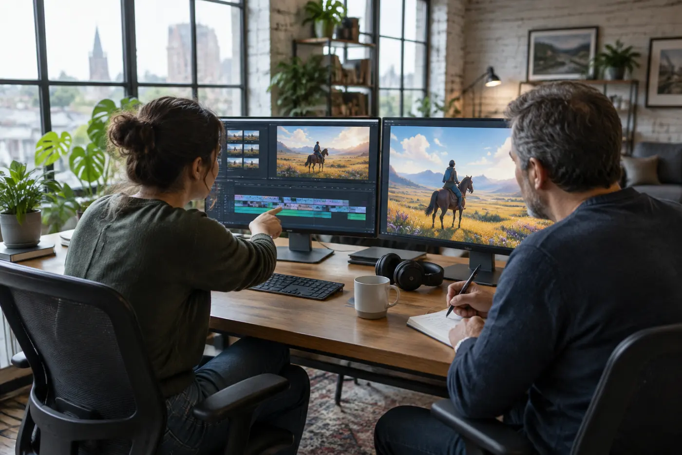 Kobieta i mężczyzna w studiu w ceglanym lofcie oglądają na dwóch monitorach animowaną scenę z jeźdźcem na stepie, mężczyzna robi notatki, za oknem panorama europejskiego miasta