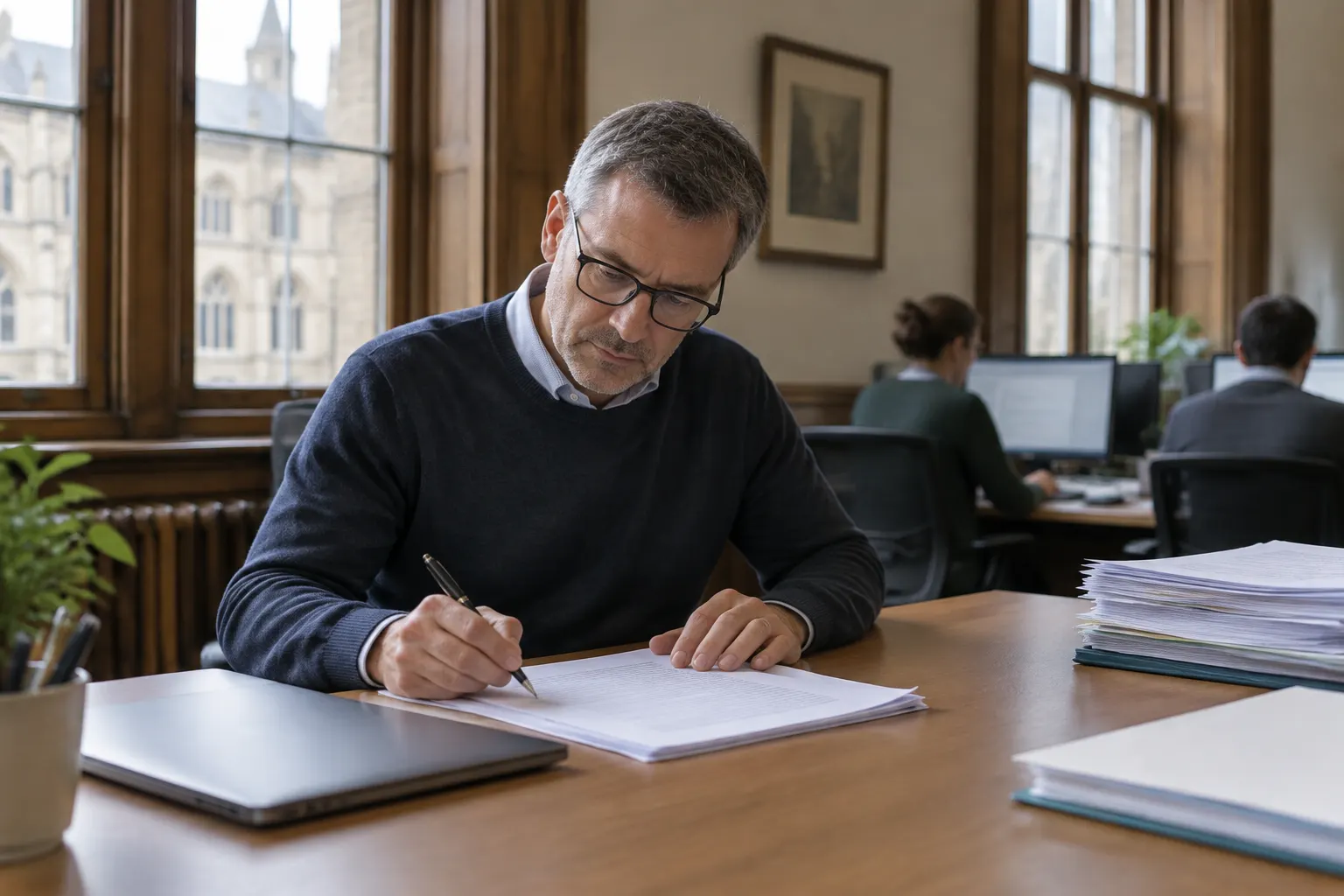 Mężczyzna w okularach i granatowym swetrze poprawia długopisem wydrukowany wniosek przy biurku w starym budynku uczelni, obok leży zamknięty laptop, a w tle dwie osoby pracują przy monitorach