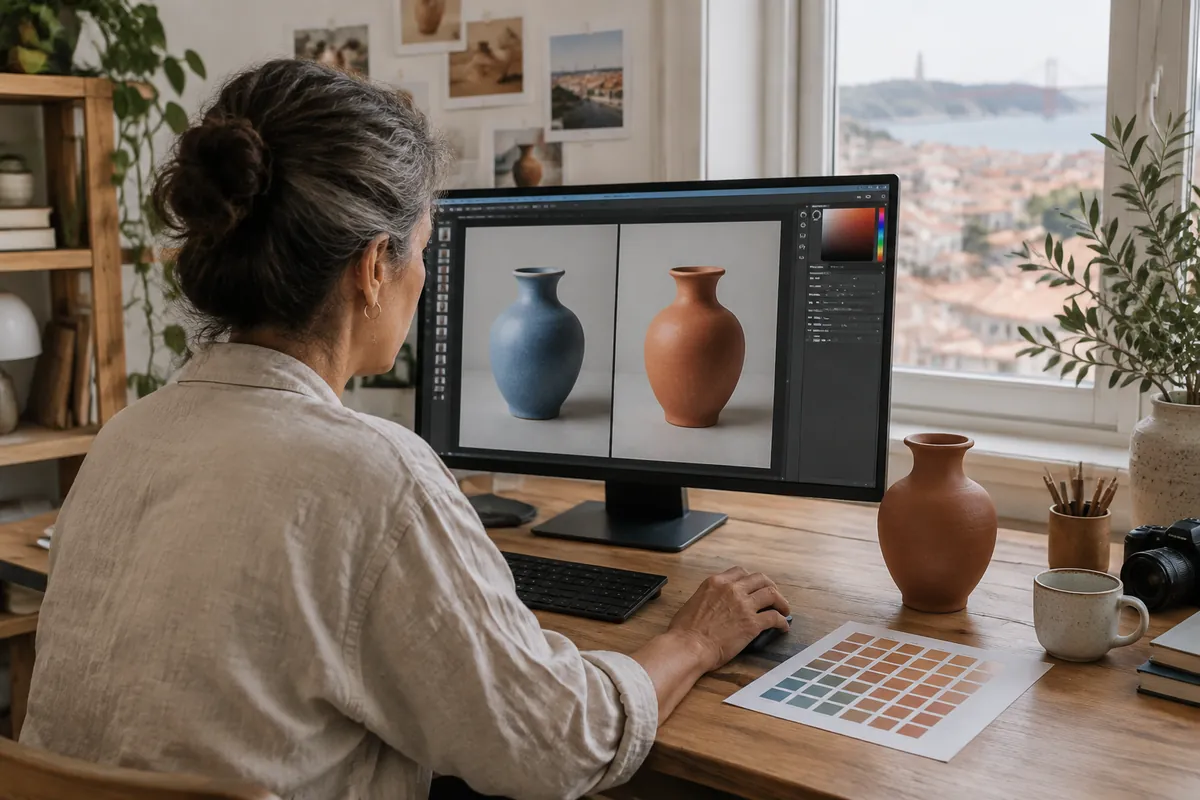 Fotografka produktowa w jasnym studiu porównuje na monitorze niebieski i ceglasty wariant tego samego wazonu, obok na biurku stoi ceramiczny wazon i leży wzornik kolorów