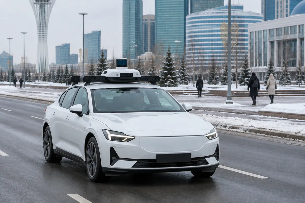 Biały elektryczny sedan z czujnikami lidar na dachu jedzie szeroką aleją w zimowej Astanie, w tle szklane wieżowce, wieża Bajterek i piesi w zimowych płaszczach