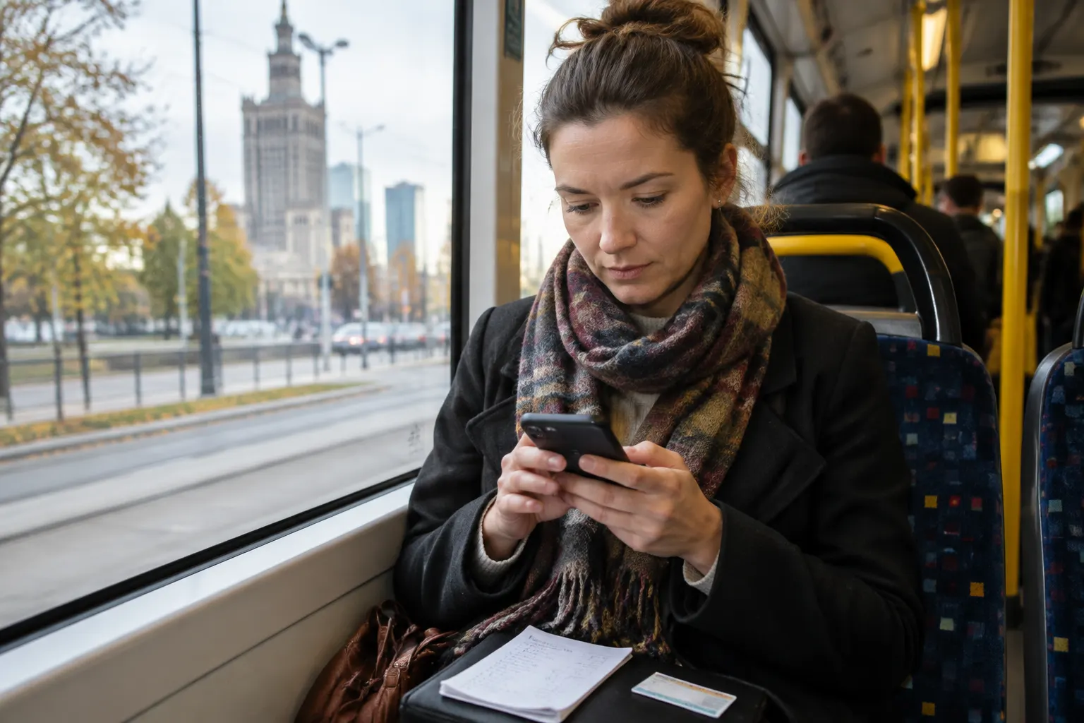Kobieta w szaliku pisze wiadomość na smartfonie w warszawskim tramwaju, na kolanach trzyma listę zakupów i bilet