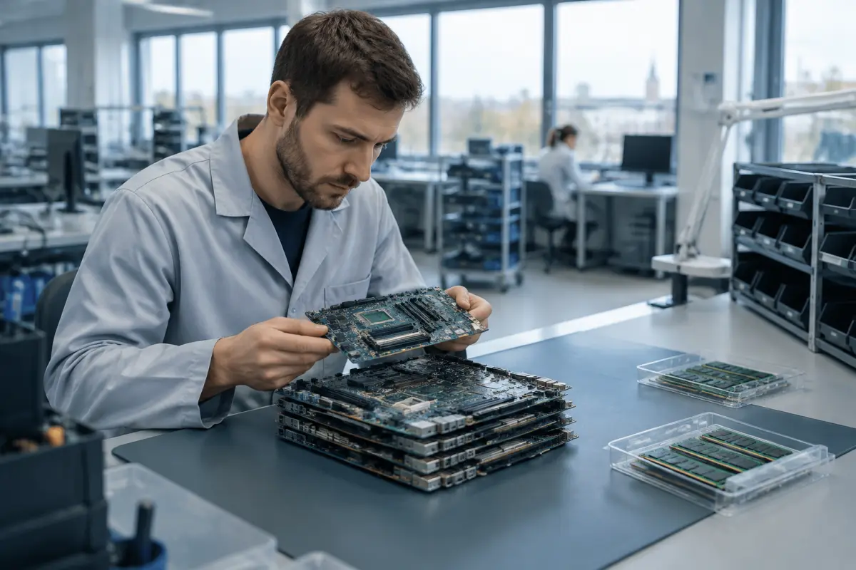 Technik w jasnoszarym fartuchu ogląda płytę główną laptopa przy stole montażowym w jasnym europejskim warsztacie elektronicznym, obok leżą tacki z modułami pamięci RAM