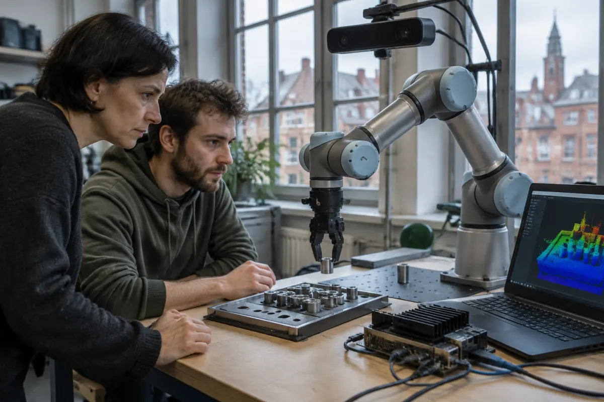 Inżynierka i młody programista w laboratorium robotyki obserwują ramię robota podnoszące metalowe tuleje, obok moduł komputerowy i laptop z trójwymiarową chmurą punktów