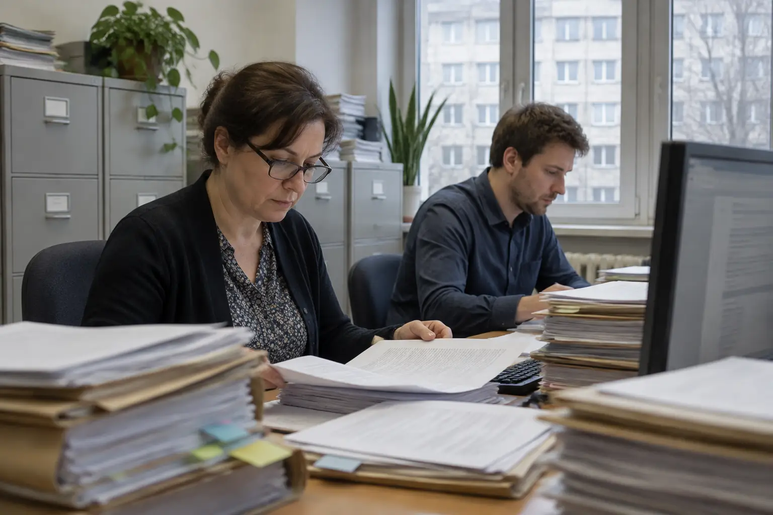 Urzędniczka w okularach i młodszy urzędnik pracują przy biurkach zastawionych stosami pism i segregatorów w biurze z szafami na akta, za oknem blok z wielkiej płyty