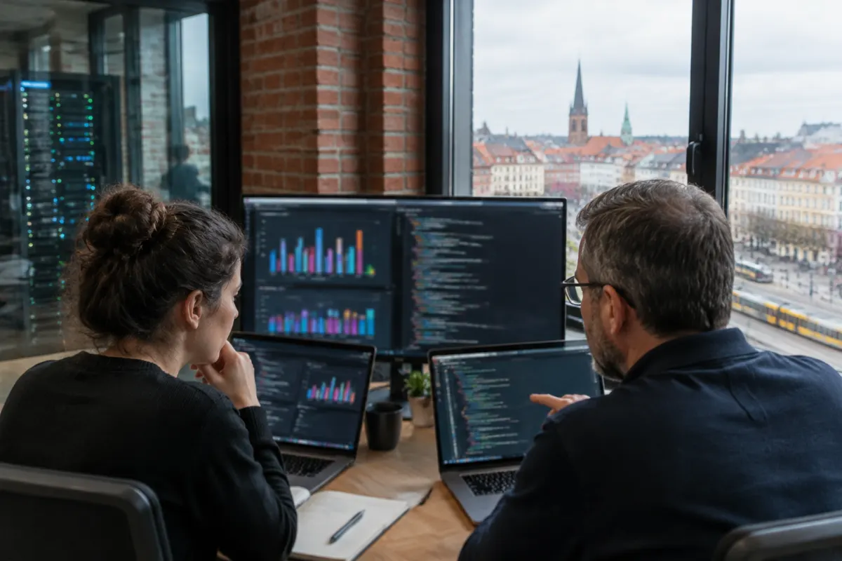 Dwoje programistów w biurze z ceglanymi ścianami porównuje na laptopach i monitorze wykresy wyników modelu językowego, za oknem panorama europejskiego miasta z wieżą kościoła i tramwajem