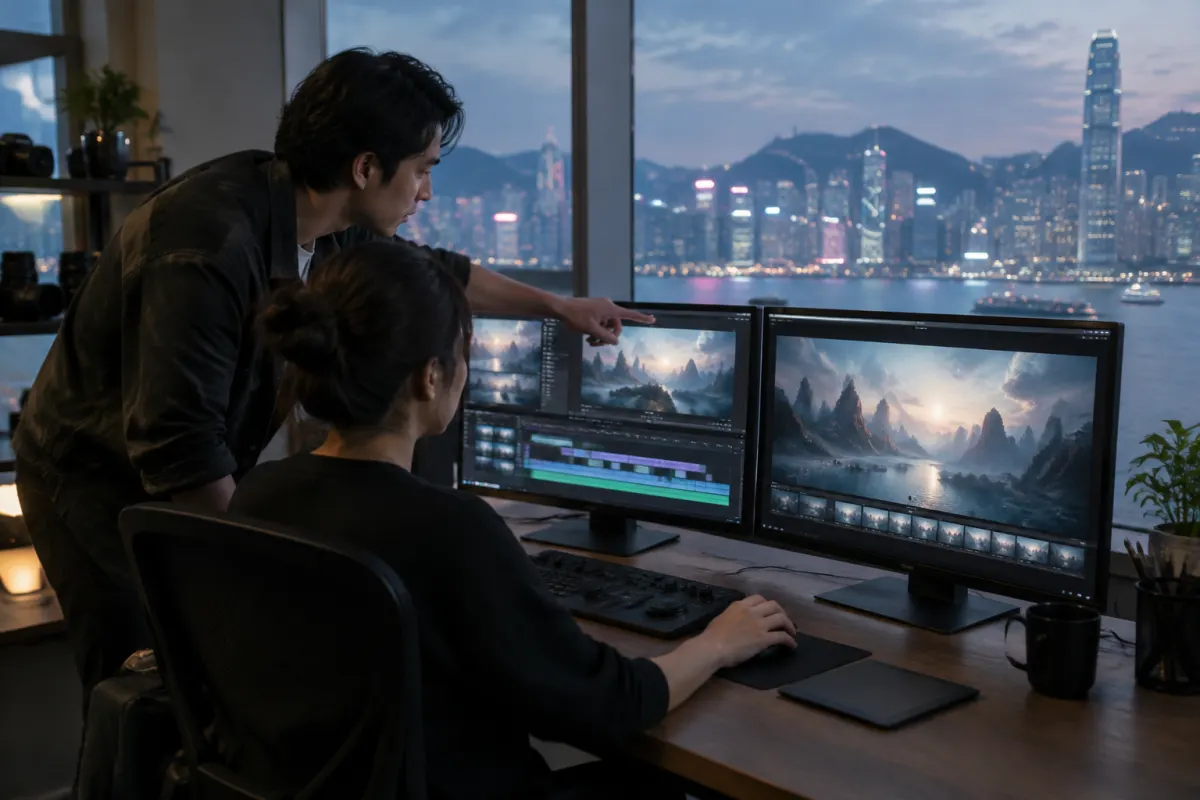 Montażystka i jej kolega oglądają na dwóch monitorach wygenerowane ujęcia górskiego krajobrazu, za oknem biura wieczorna panorama Hongkongu nad zatoką