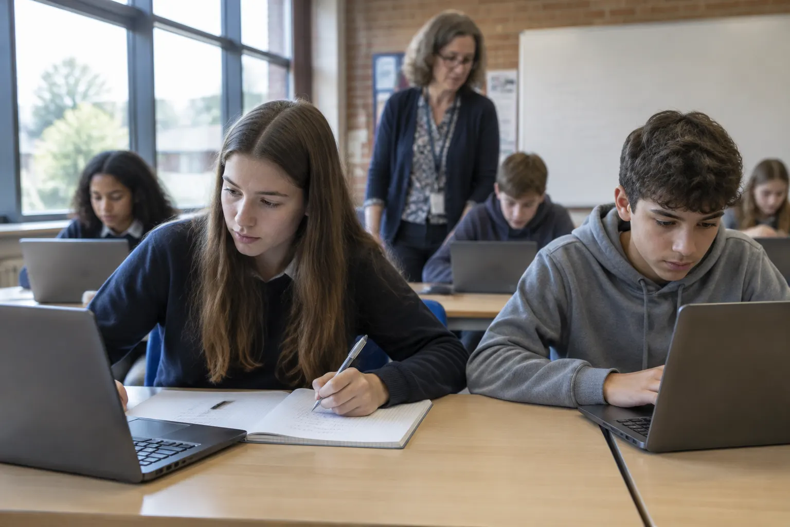 Nastolatka i nastolatek w klasie z ceglaną ścianą pracują nad matematyką przy laptopach, dziewczyna zapisuje obliczenia w zeszycie w kratkę, a w tle nauczycielka przechodzi między ławkami