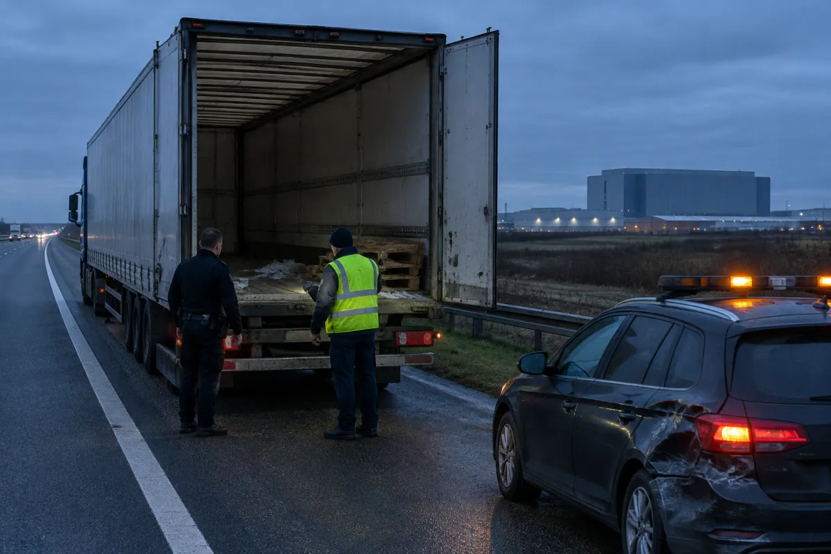 Policjant i inspektor ochrony w kamizelce odblaskowej oglądają pustą naczepę ciężarówki na poboczu autostrady o zmierzchu, obok stoi wgnieciony samochód eskorty, w tle hale magazynowe i budynek centrum danych