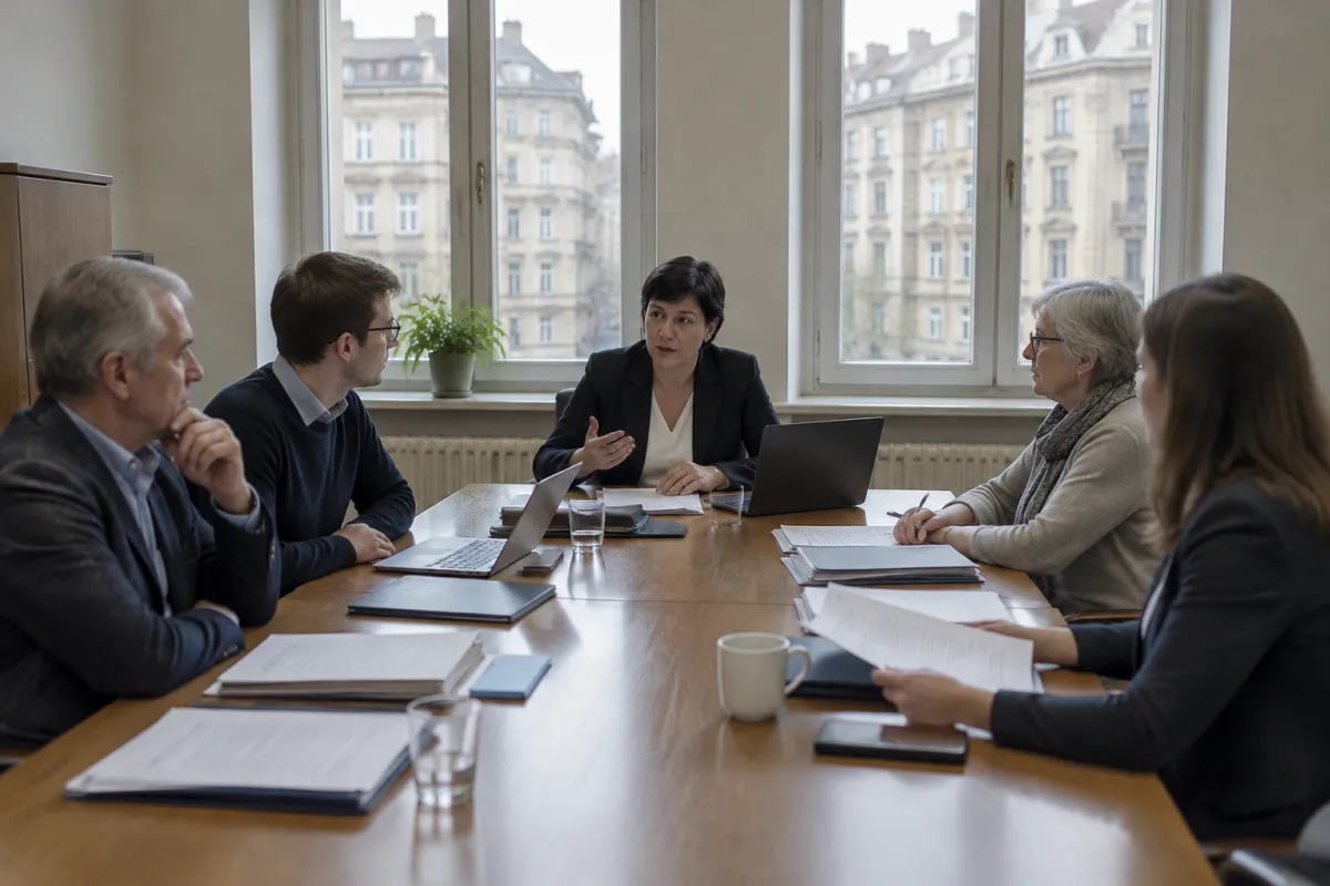 Kilka osób w różnym wieku siedzi przy długim stole w sali posiedzeń urzędu, przed nimi leżą wydrukowane dokumenty i laptopy, za oknem widać kamienice w centrum miasta