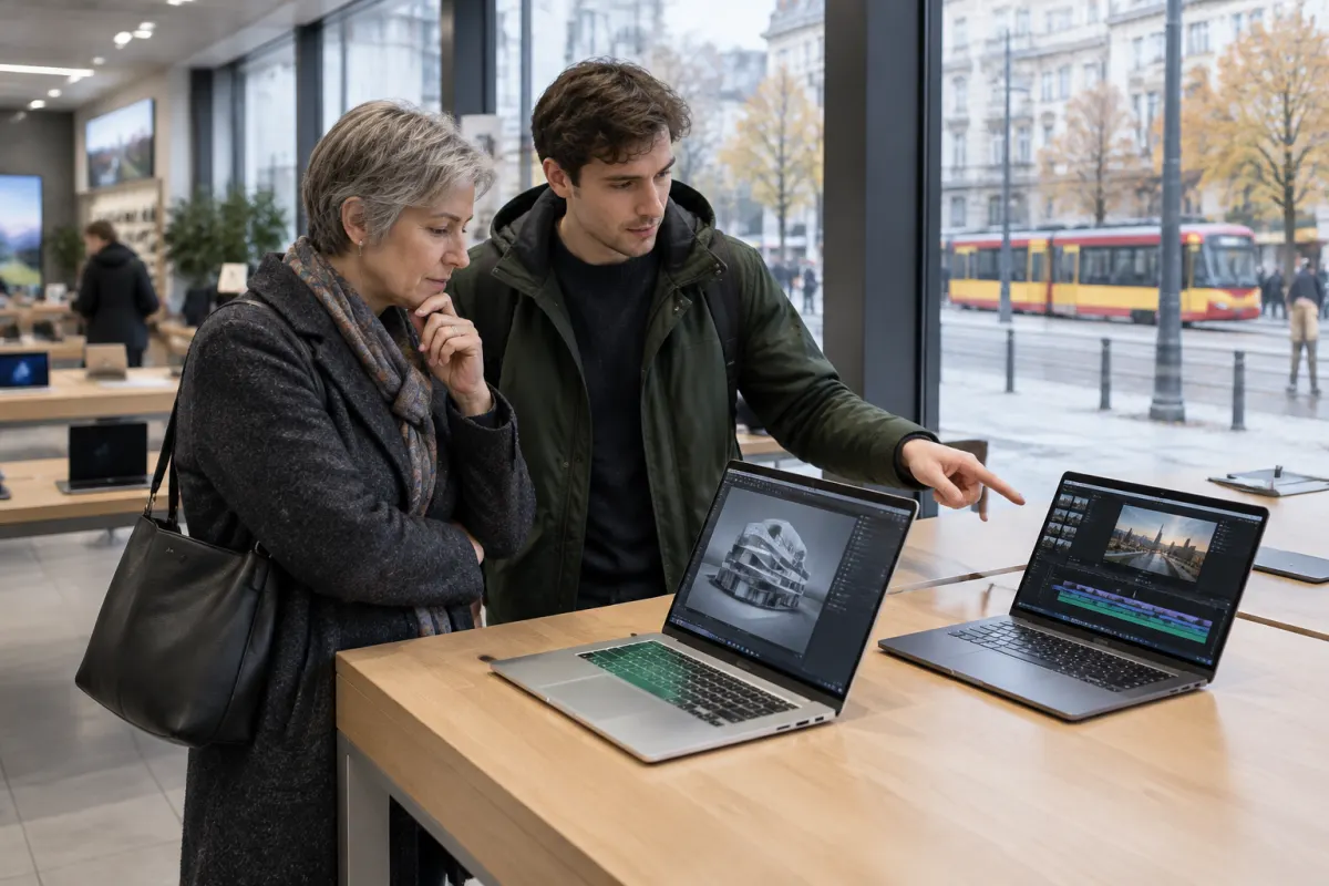 Kobieta z krótkimi siwymi włosami i młody mężczyzna w zielonej kurtce porównują dwa laptopy z modelem 3D i montażem wideo na ekranach w sklepie z widokiem na ulicę z tramwajem