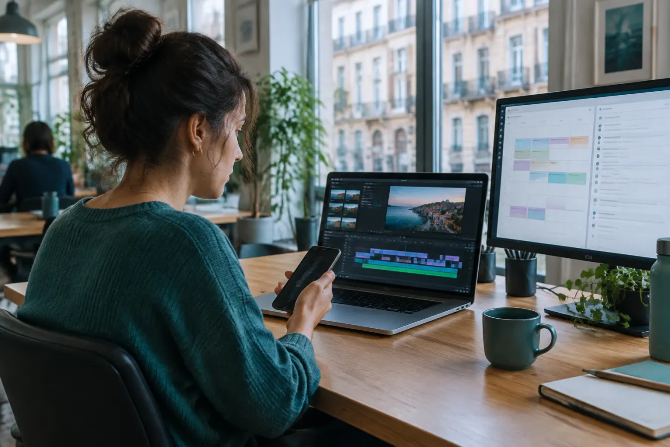 Kobieta w zielonym swetrze w jasnym biurze coworkingowym trzyma telefon i patrzy na laptopa z otwartą osią czasu montażu wideo, obok monitor z kalendarzem