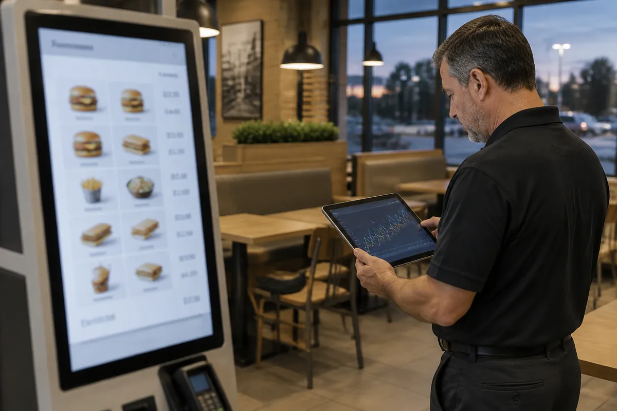 Kierownik restauracji szybkiej obsługi przegląda na tablecie wykres zmian cen, a obok stoi kiosk do zamówień z menu i cenami