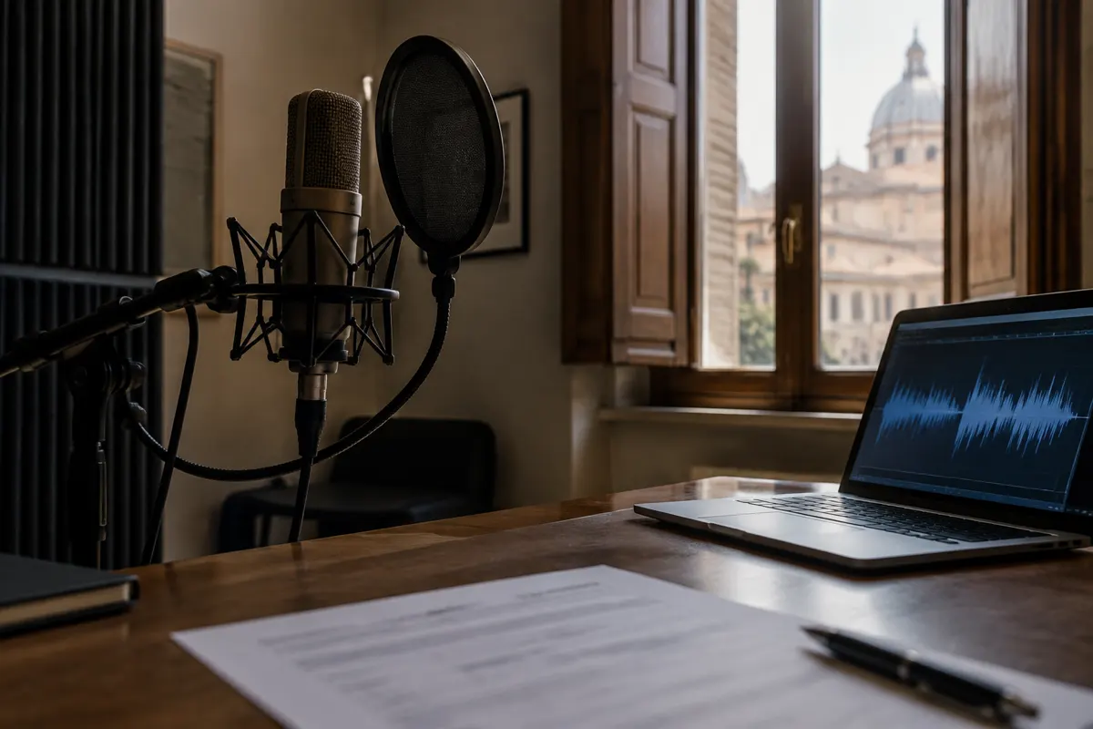 Studyjny mikrofon z filtrem przeciwpodmuchowym w gabinecie z widokiem na rzymską kopułę, obok laptop z wykresem fali dźwiękowej i formularz na drewnianym biurku