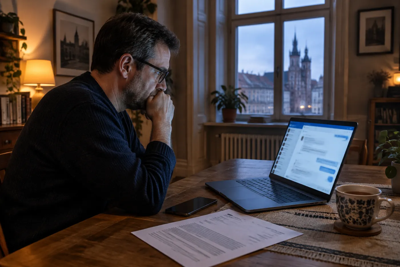 Zaniepokojony mężczyzna w okularach siedzi wieczorem przy stole w krakowskim mieszkaniu i patrzy na laptop z otwartą rozmową, obok leżą smartfon i wydruk pisma z banku