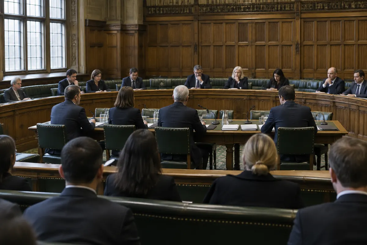Posiedzenie komisji parlamentarnej w sali z drewnianą boazerią i zielonymi ławami, świadkowie w garniturach siedzą przed rzędem posłów