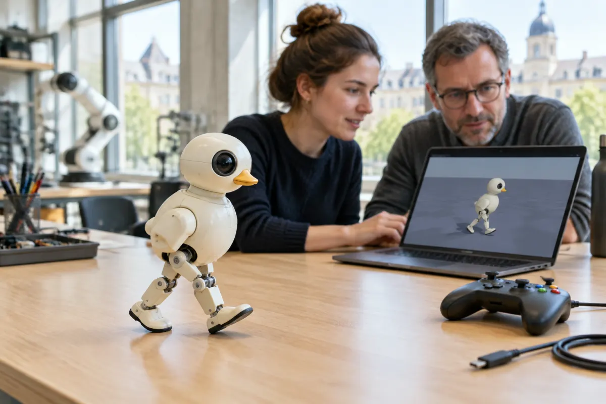 Mały kremowy robot w kształcie kaczki z jednym okiem-kamerą idzie po drewnianym blacie w jasnym laboratorium uczelni, w tle kobieta i mężczyzna oglądają na laptopie symulację tego samego robota, obok leży pad do gier