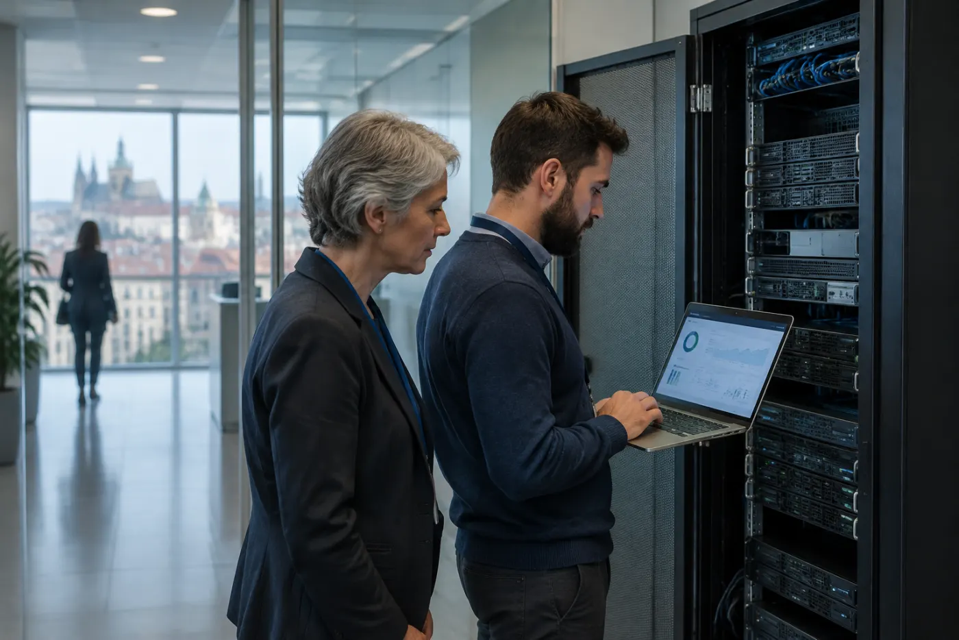 Siwowłosa kobieta i brodaty informatyk sprawdzają na laptopie stan serwerów przy otwartej szafie rack w urzędzie, za szklaną ścianą widać dachy starego europejskiego miasta