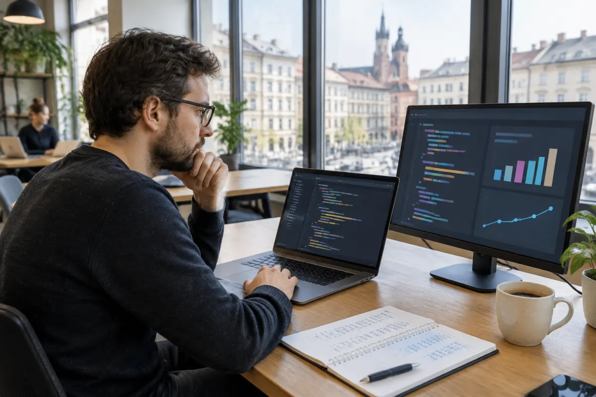 Programista w okularach siedzi przy drewnianym biurku w coworkingu z widokiem na krakowskie kamienice, przed nim laptop z kodem i monitor z wykresem kosztów