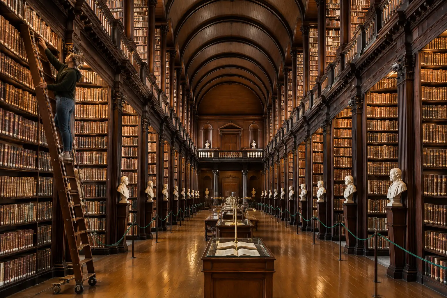 Badaczka na drabinie sięga po książkę w wielkiej historycznej bibliotece w Dublinie