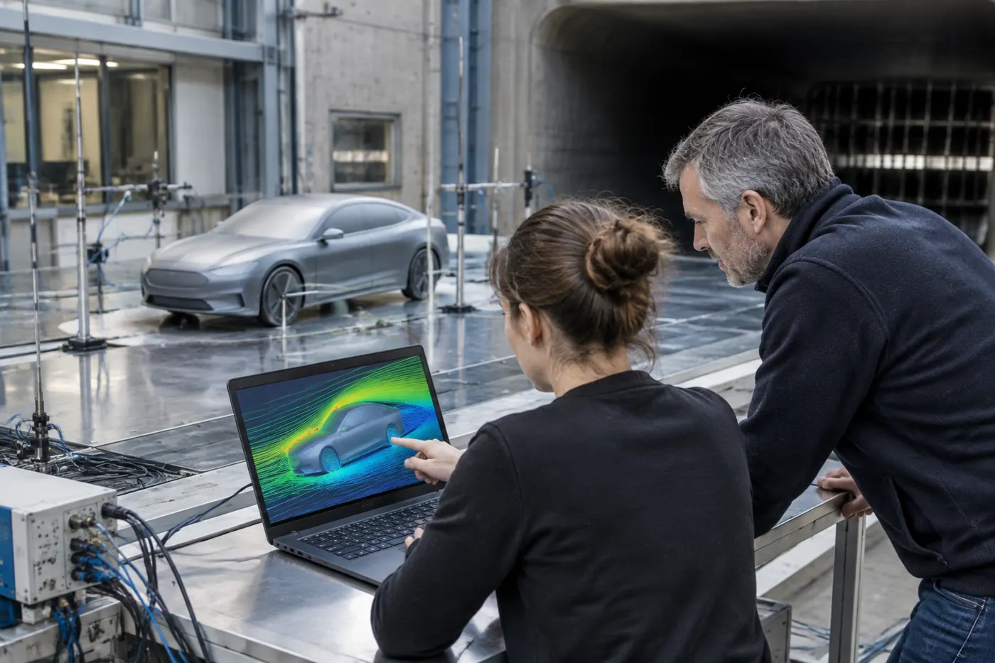 Inżynierka i inżynier w tunelu aerodynamicznym oglądają na laptopie symulację opływu powietrza wokół modelu samochodu