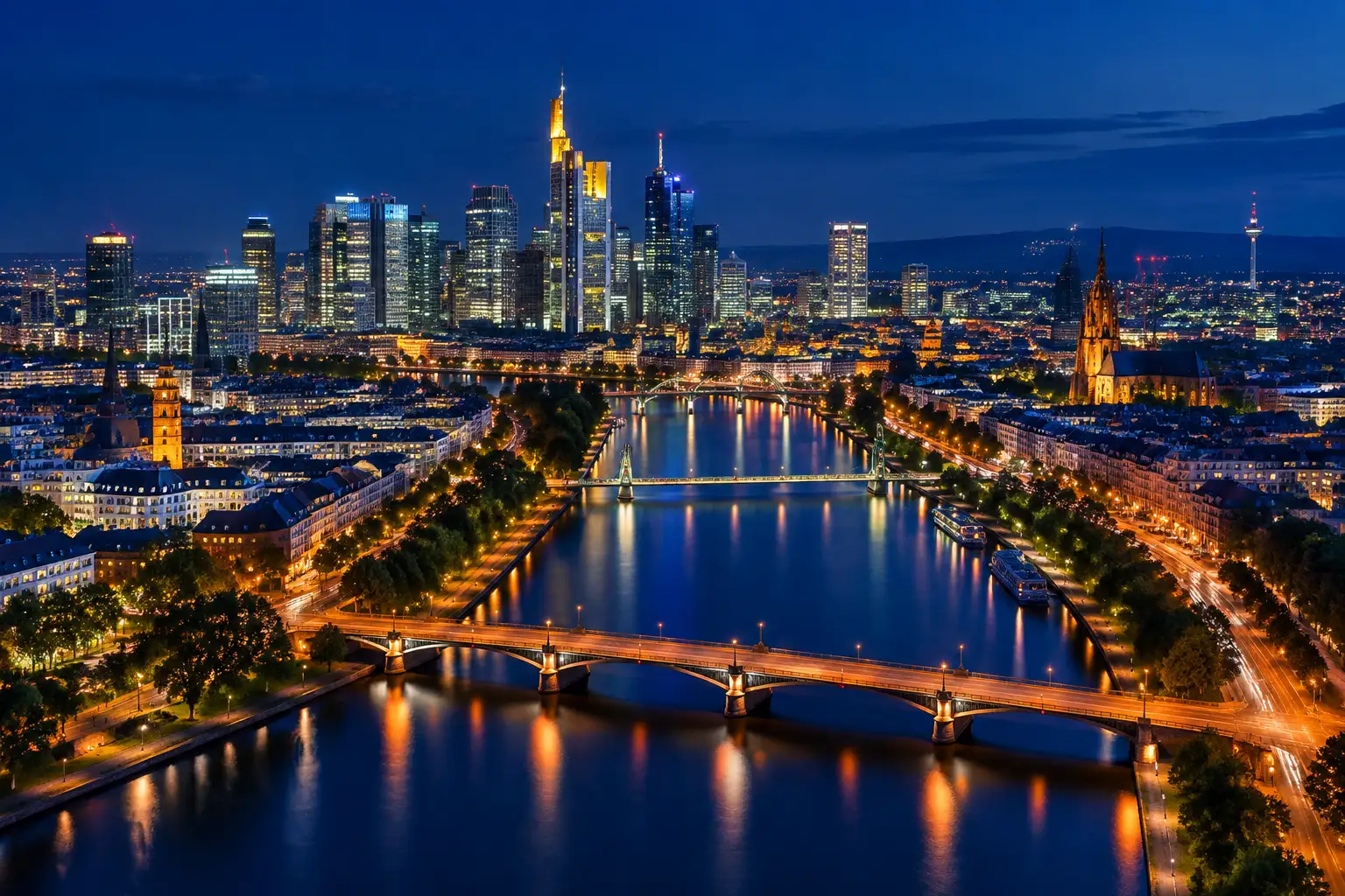 Nocna panorama Frankfurtu nad Menem z oświetlonymi mostami i wieżowcami