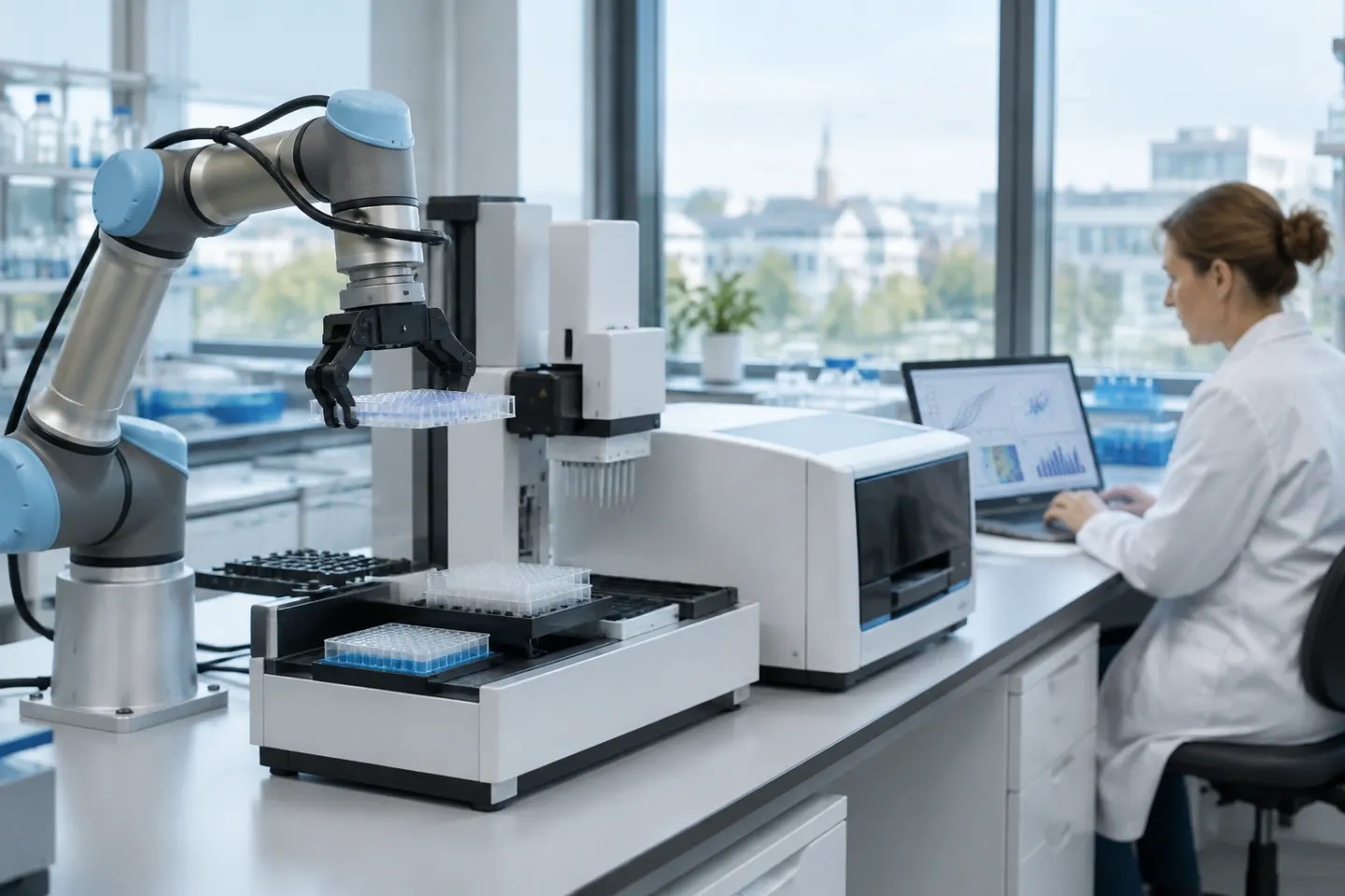 Ramię robota współpracującego przenosi płytkę z próbkami między automatem pipetującym a czytnikiem, a naukowczyni analizuje wykresy na laptopie w laboratorium