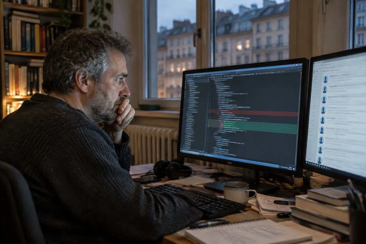 Starszy programista wieczorem w mieszkaniu w europejskiej kamienicy sprawdza na dużym monitorze podejrzaną zmianę w kodzie, na drugim ekranie skrzynka z wiadomościami od kilku nieznanych kont