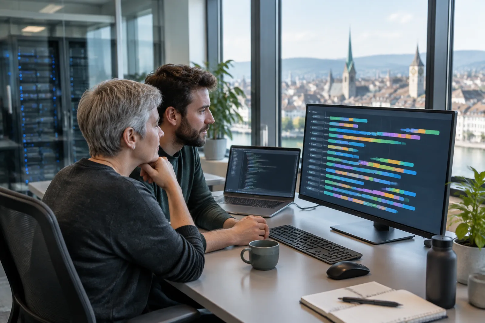 Dwoje programistów przy biurku z widokiem na dachy Zurychu obserwuje na monitorze kolorowe paski równoległych zadań budowania, obok laptop z kodem, a za szklaną ścianą szafy serwerowe
