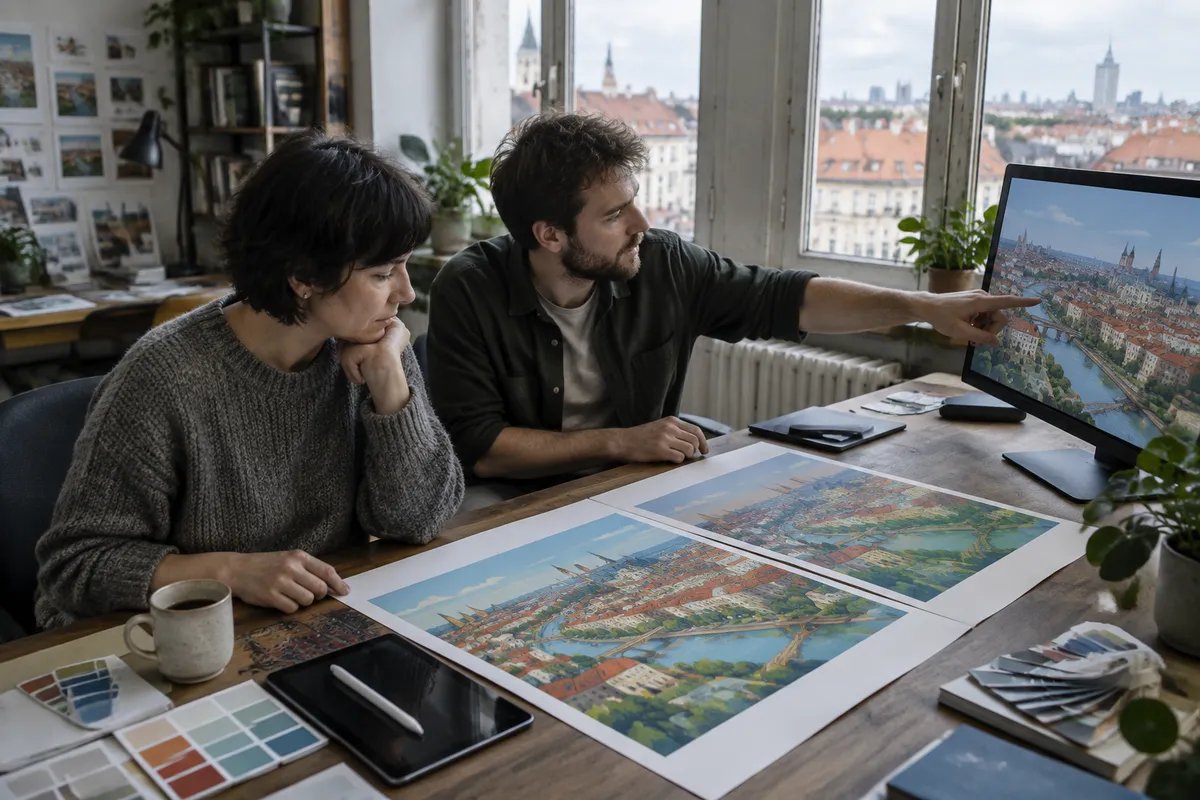 Graficzka w szarym swetrze porównuje dwa wydruki panoramy miasta rozłożone na biurku, a brodaty kolega wskazuje podobną panoramę na monitorze w studiu z widokiem na dachy kamienic