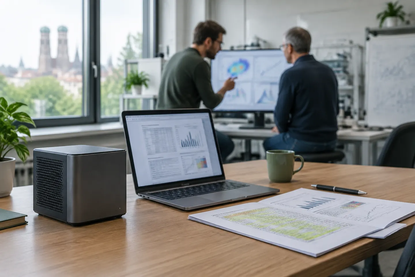 Mała stacja robocza AI na drewnianym biurku obok laptopa z analizowaną tabelą i wydrukiem raportu, w tle dwóch inżynierów omawia wykresy przy monitorze w laboratorium z widokiem na wieże monachijskiej katedry