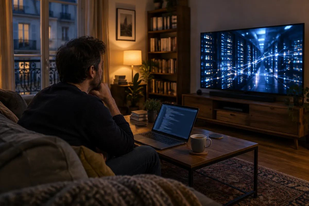 Mężczyzna siedzi wieczorem na kanapie w mieszkaniu i ogląda w telewizorze film dokumentalny z ciemnymi ujęciami szaf serwerowych, na stoliku otwarty laptop i kubek herbaty