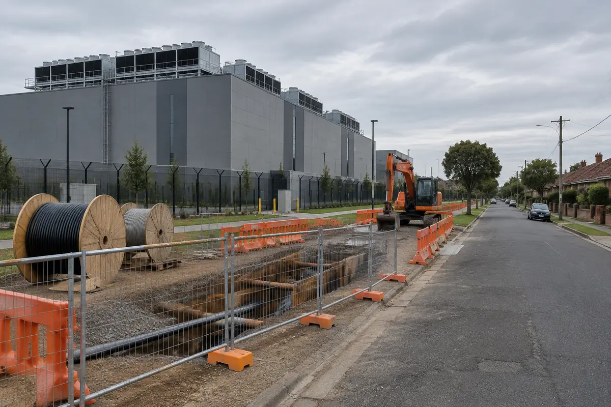 Wstrzymane prace przy podziemnej linii energetycznej przed dużym szarym budynkiem centrum danych z agregatami chłodzenia na dachu, obok bębny z kablami, koparka i ulica z niskimi domami