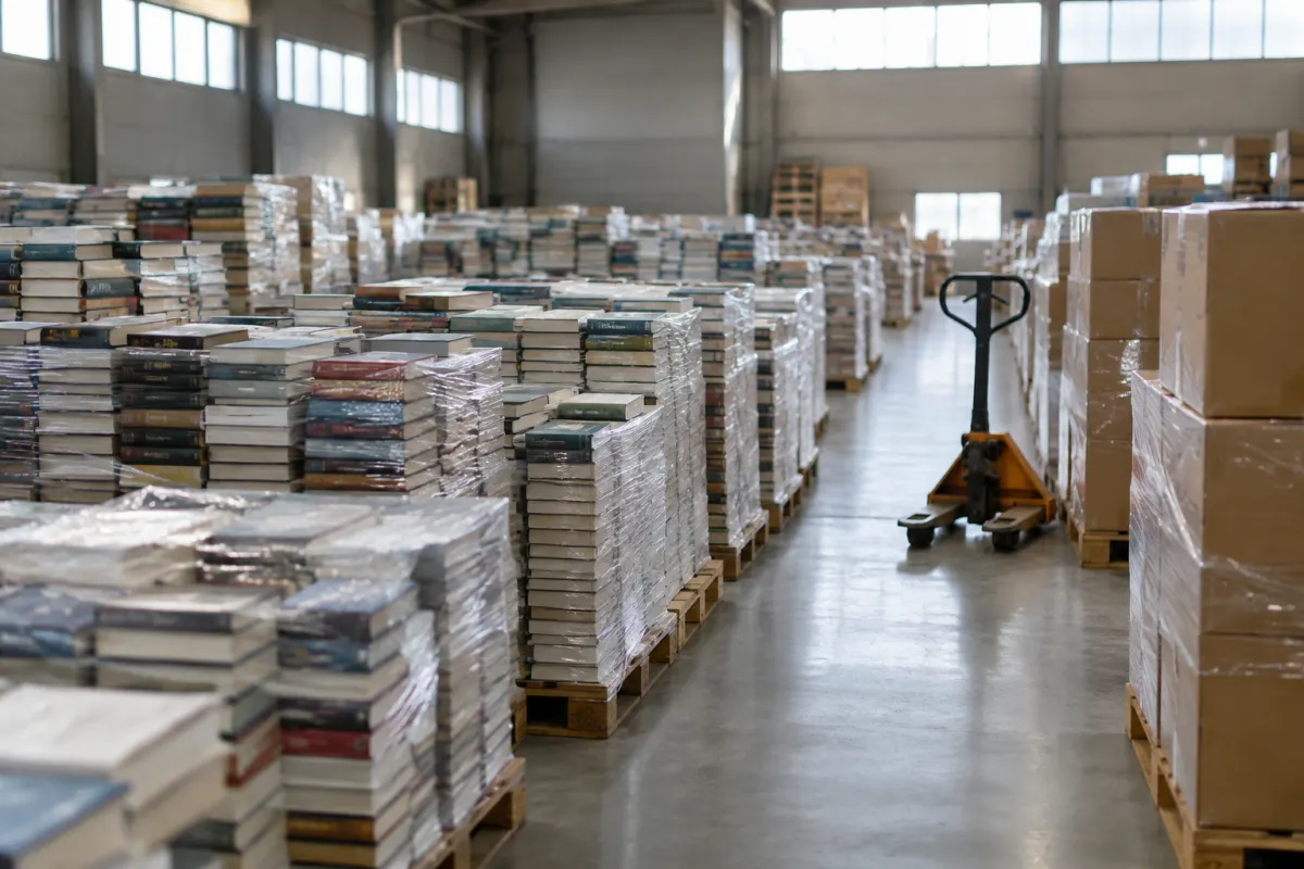 Hala magazynowa pełna używanych książek ułożonych w stosy na drewnianych paletach i owiniętych folią, obok kartony gotowe do wysyłki i ręczny wózek paletowy